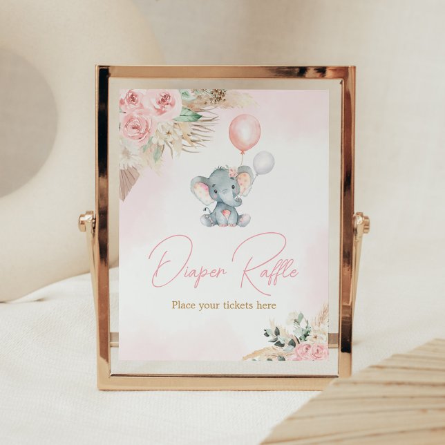 Poster Raffle Chá de fraldas Elefante - Balão Rosa (Pink Floral Pampas Grass Elephant Baby Shower Diaper Raffle Sign)