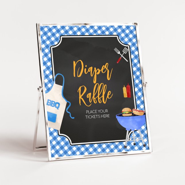 Poster Raffle CHURRASCO Fralda Gingham Azul (Boy Baby-Q Baby Shower Diaper Raffle Sign)
