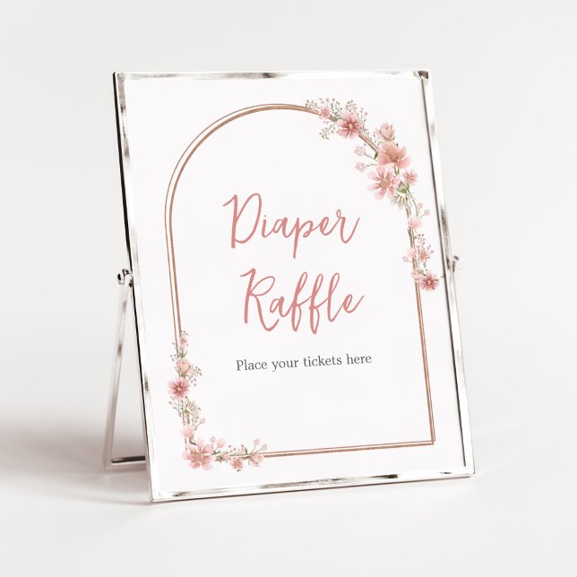 Poster Raffle da Fralda da Chá de fraldas de Arco Floral  (Pink Flowers Arch Baby Shower Diaper Raffle Sign)