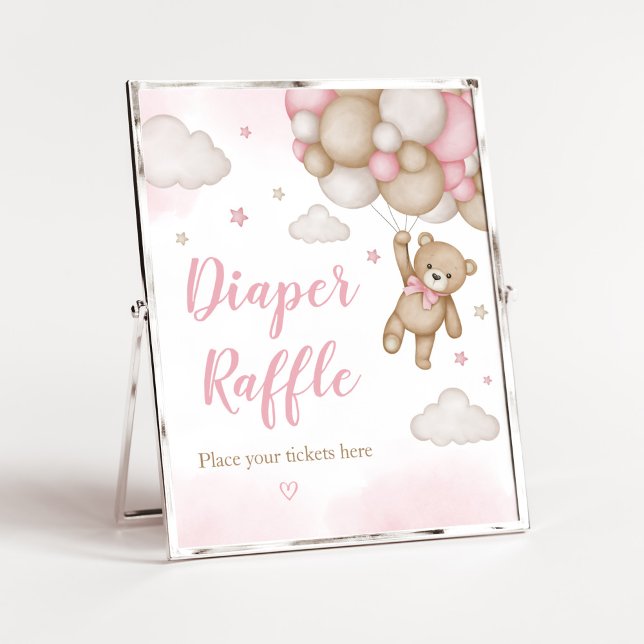 Poster Raffle da Fralda do Balão do Urso Rosa (Girl Bear Baby Shower Diaper Raffle Sign)