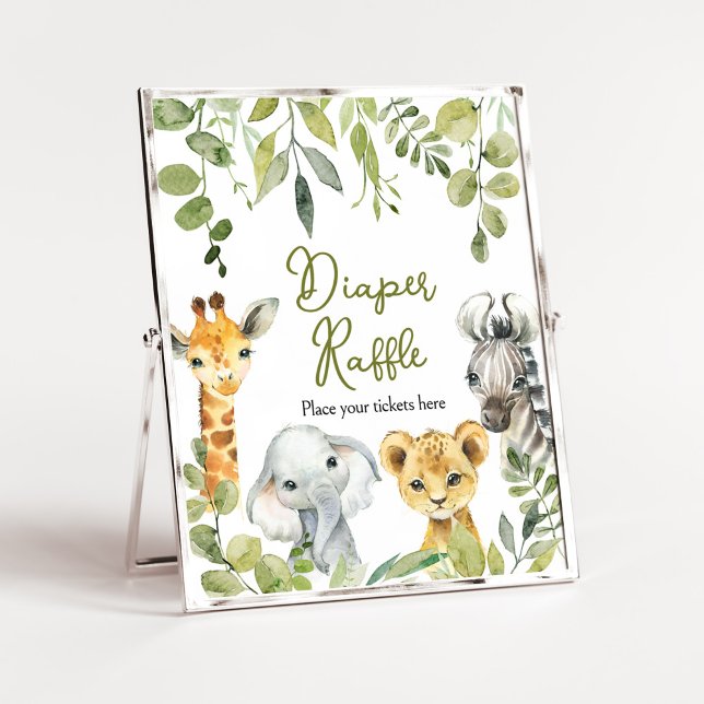 Poster Raffle da Fralda Safari Selva One (Greenery Animals Baby Shower  Diaper Raffle)
