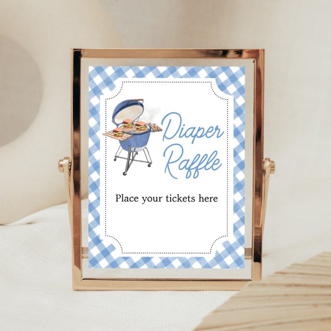 Poster Raffle de Fralda de Chá de fraldas do Burger Azul (Boy Backyard BBQ Baby Shower Diaper Raffle Sign)
