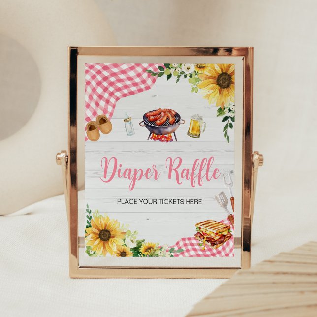 Poster Raffle de Fralda de girassol cor-de-rosa (Baby- Q Backyard Baby Shower Diaper Raffle Sign)