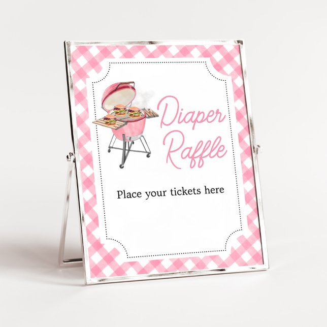 Poster Raffle de Fralda do Chá de fraldas do Burger Rosa (Girl Backyard BBQ Baby Shower Diaper Raffle Sign)