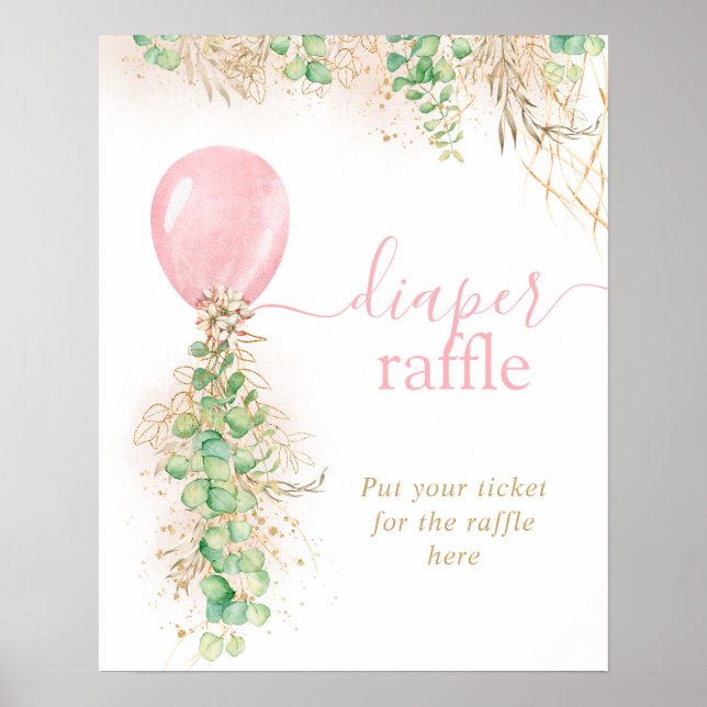 Poster Raffle Fralda Balão Eucalyptus, Dourado, rosa (Frente)