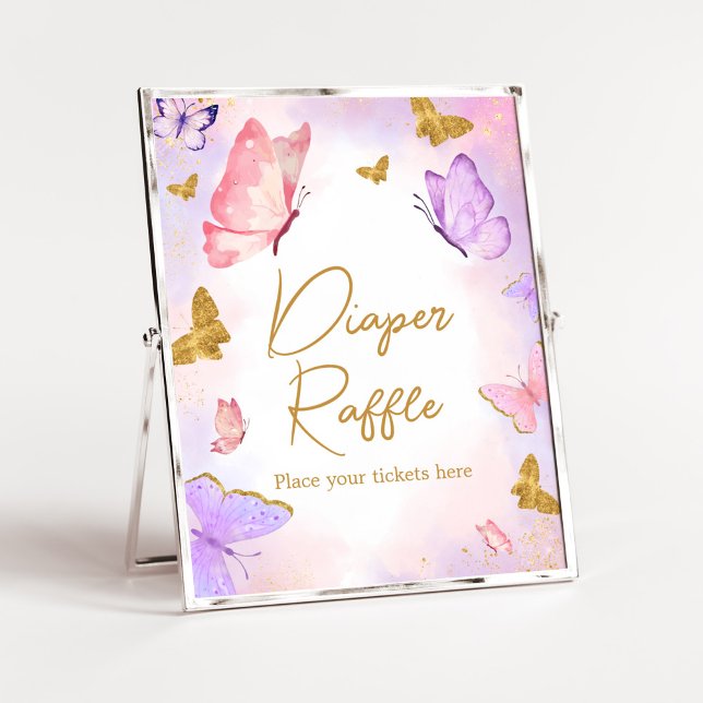 Poster Raffle, Fralda de Borboleta Dourada rosa, cor-de-r (Boho Butterfly Baby Shower Diaper Raffle Sign)