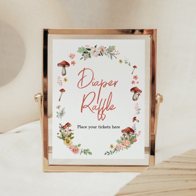 Poster Raffle, Fralda de Cogumelos de Flor Selvagem Encan (Enchanted Mushroom Baby Shower Diaper Raffle Sign)