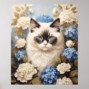 Poster Ragdoll Cat Com Flores De Hydrangea Azuis