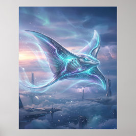Poster Raia Manta Neon Céu Oceano