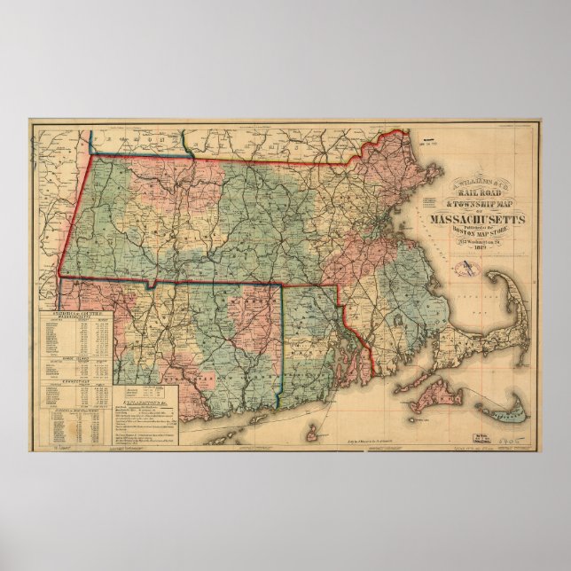 Poster Rail Road & Township Map of Massachusetts, 1879 (Frente)