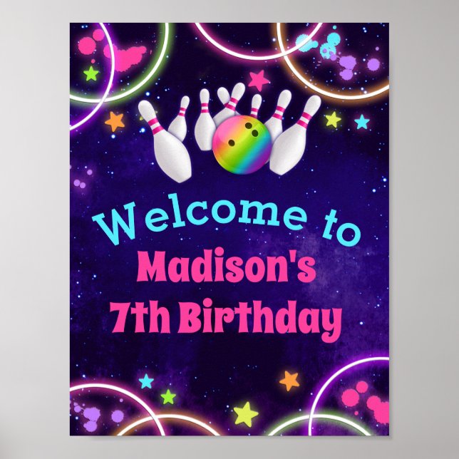 Poster Rainbow Bowling Birthday Party Welcome Sign (Frente)