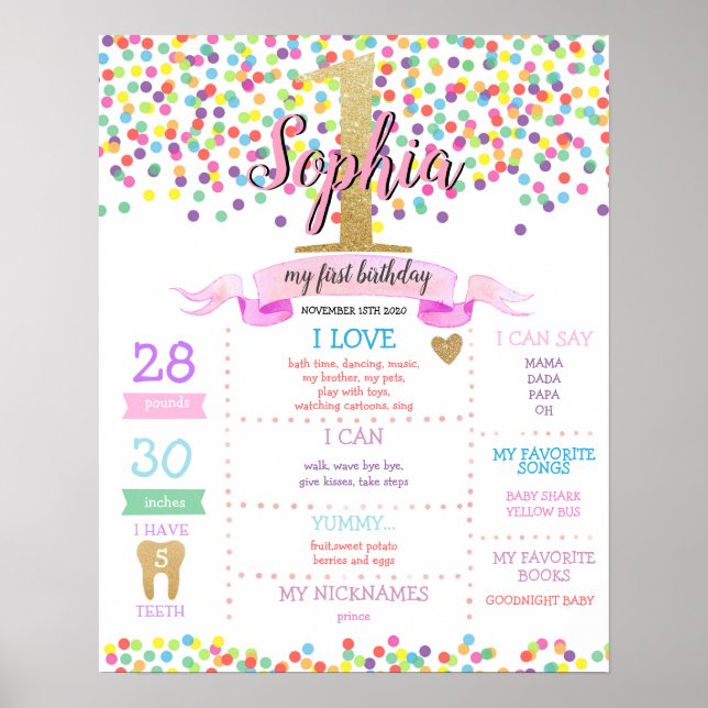Poster Rainbow Confetti Girl First Birday Milestone (Frente)