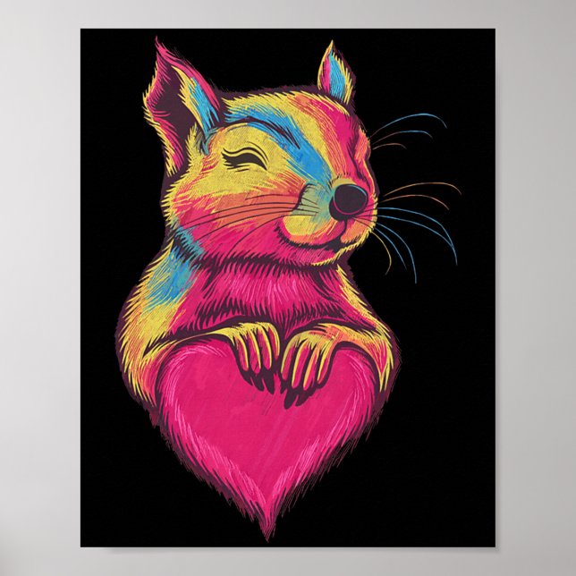 Poster Rainbow Cute Squirrel Hugging Valentine Heart Love (Frente)