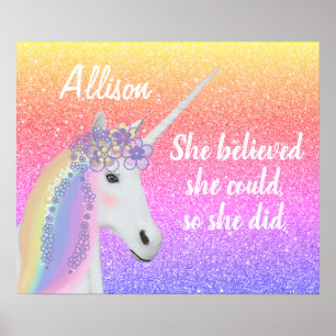 Poster Rainbow Glitter Unicorn Girls Personalizadas