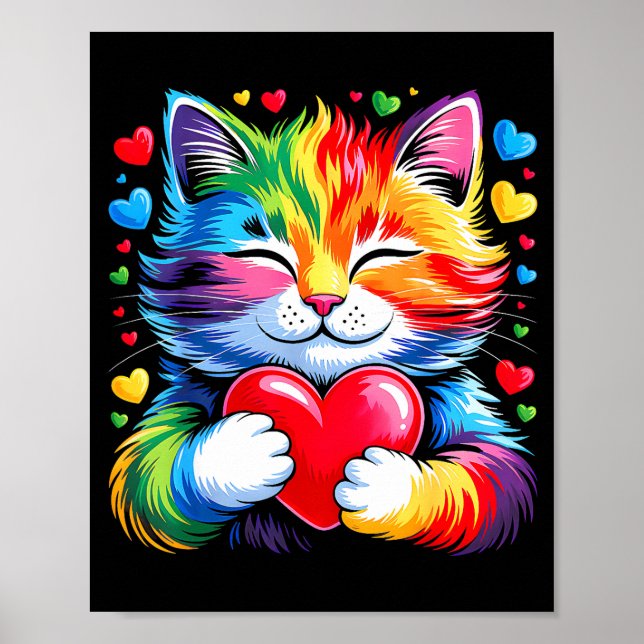 Poster Rainbow Heart Cat, Cute Valentine Day For Kids Boy (Frente)