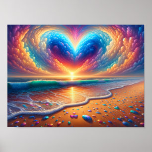 Poster Rainbow Heart Cloud Over the Beach