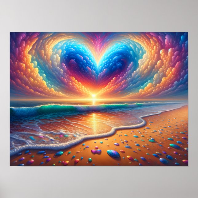 Poster Rainbow Heart Cloud Over the Beach (Frente)