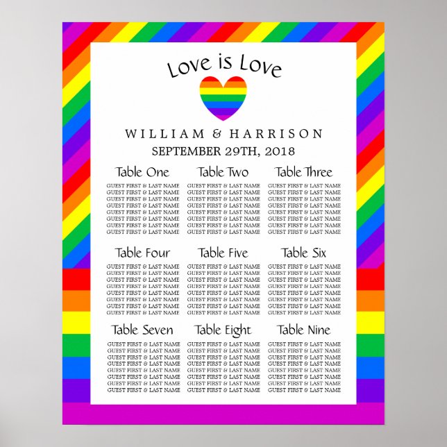Pôster Rainbow Heart Love é Love Wedding Seating Chart (Frente)