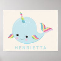 Rainbow Narwhal Kawaii Padrão Pastel Nome Azul
