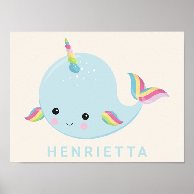 Poster Rainbow Narwhal Kawaii Padrão Pastel Nome Azul (Frente)