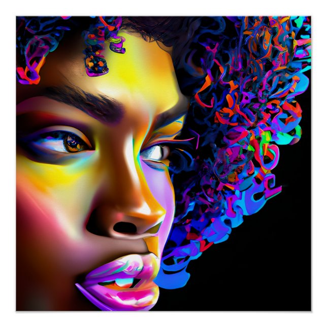 Pôster Rainbow Queen Glow Hair Black Melanin Afro (Frente)