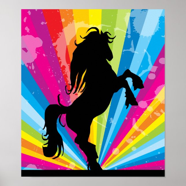 Pôster Rainbow Techno Silhouette Rearing Horse (Frente)