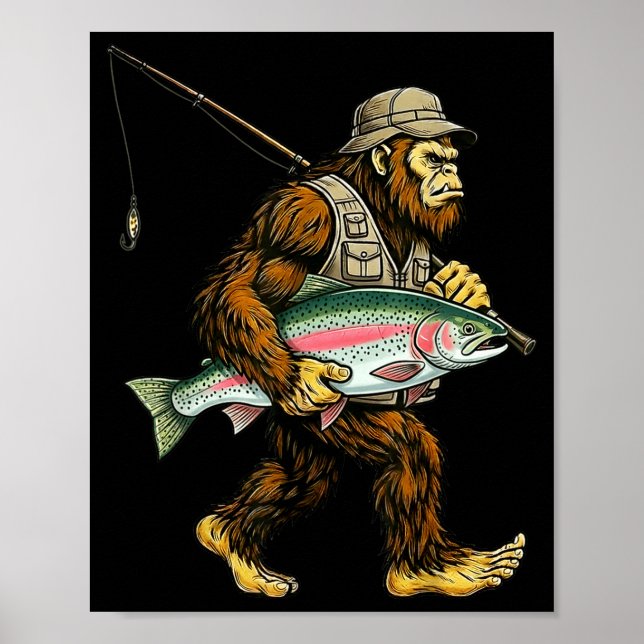 Poster Rainbow Trout Bigfoot Fisherman River Fishing Sasq (Frente)