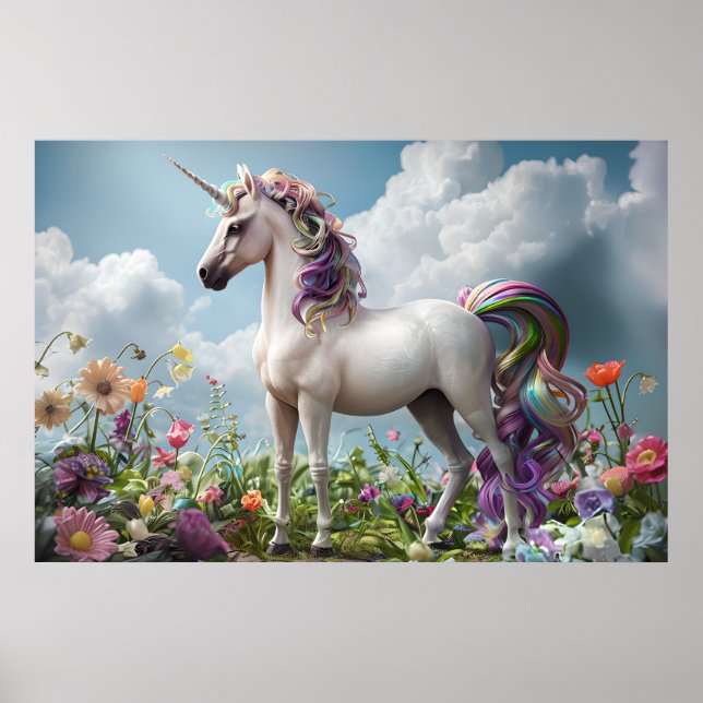 Poster Rainbow Unicorn em Flor Meadow - Fantasy Pastel (Frente)