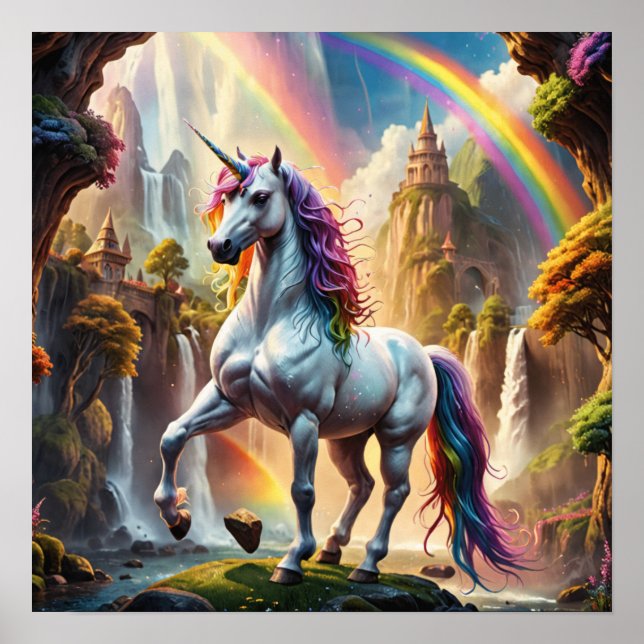 Poster Rainbow Unicorn em frente ao Castelo (Frente)