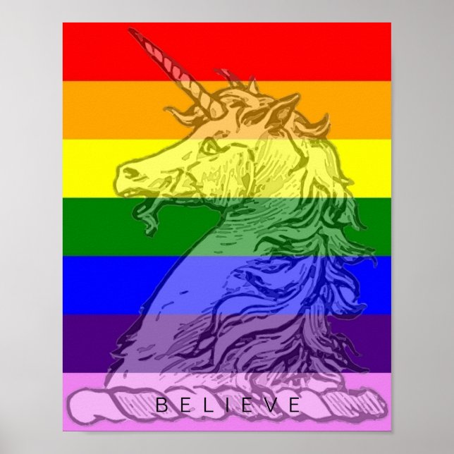 Pôster Rainbow Unicorn Magical LGBT Orgulho gay Acredite (Frente)
