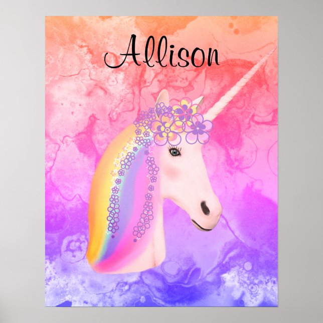 Poster Rainbow Unicorn Watercolor Girls Personalizadas (Frente)