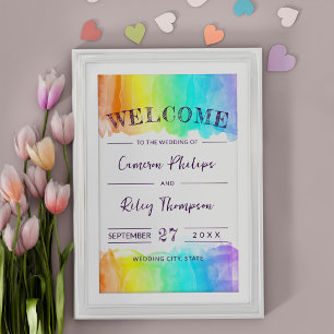 Poster Rainbow Watercolor Splash LGBTQ Casamento Bem-vind