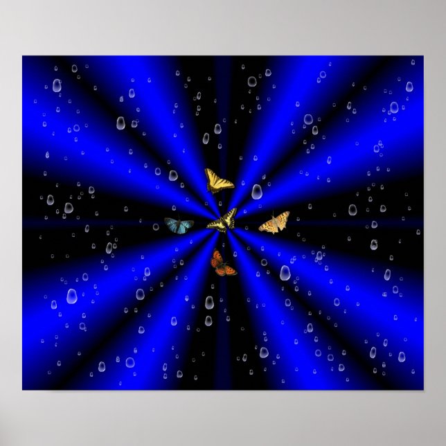 Poster Raindrops and Butterfly on black and blue (Frente)