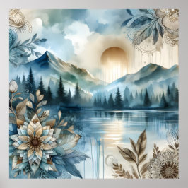 Poster Rainer Day Watercolor Mountain Lake Rustic Boho