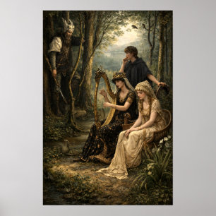 Poster Rainha da Fada Medieval nos Bosques com Harpa
