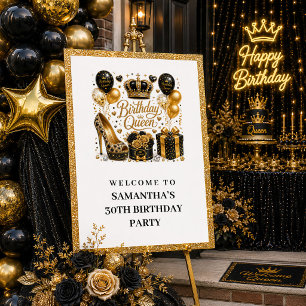 Poster Rainha de Aniversário Chic Black Gold Brilho Bem-v