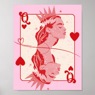 Poster Rainha de Copas Arte Préppy Vermelha e Rosa