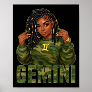 Poster Rainha de Gêmeos Localizada Mulher Negra Camo Sign