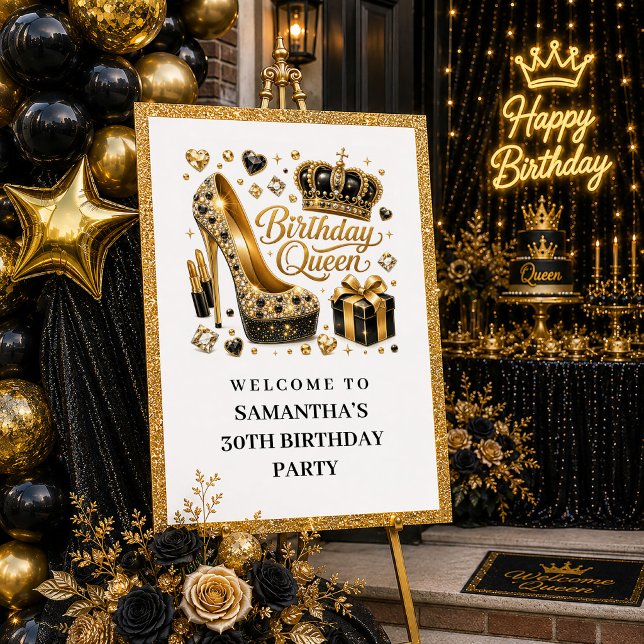 Poster Rainha do Aniversário de Ouro Preto com Brilho Bem (Classy Black Gold Birthday Queen Glitter Welcome Sign

)