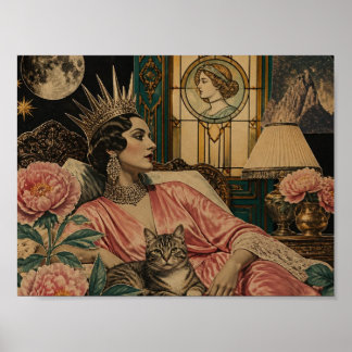 Poster Rainha do Conto de Fadas Retro e Seu Gato na Cama
