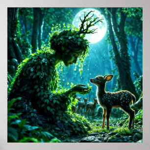 Poster Rainha dríade da floresta encantada à noite arte