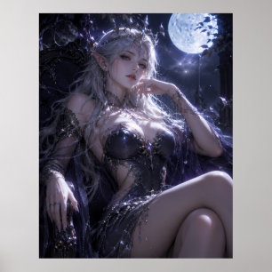 Poster Rainha Elfa ao Luar Fantasia Retrato Azul Escuro
