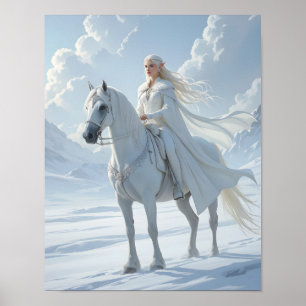 Poster Rainha Elfa Cavalgando um Cavalo Branco Majestoso
