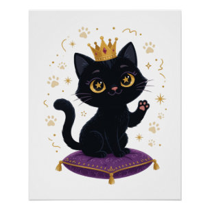 Pôster Rainha Gata Preta Coroa Real Arte de Parede Poster