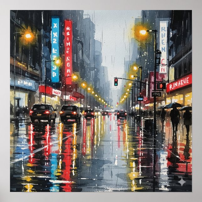 Poster Rainy City Street Watercolor (Frente)
