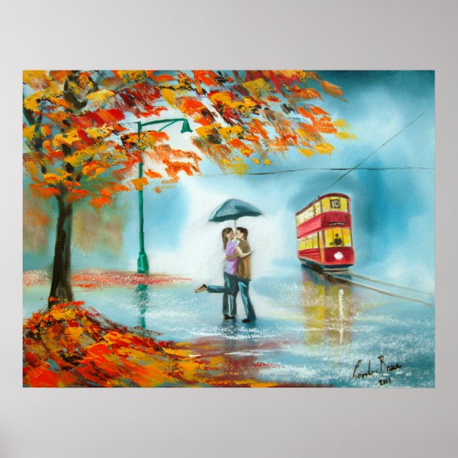 Poster Rainy day autumn red tram umbrella romantic couple (Frente)