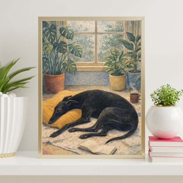 Poster Rainy Day Serenity with Sleeping Black Greyhound (Criador carregado)