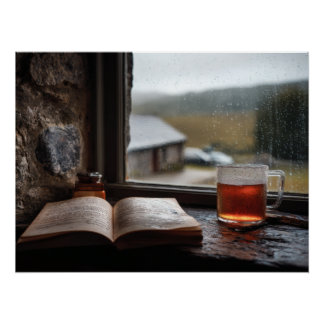 Pôster Rainy Day Tea and Book Window