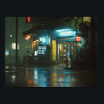Poster Rainy Neon Japanese Corner Store<br><div class="desc">Heavy rain pours down on a quiet nighttime street, turning the wet pavement into a mirror of glowing blue and warm neon reflections. A small Japanese convenience store stands brightly lit with turquoise fluorescent lights, red lanterns, and colorful vertical signs featuring kanji. Vending machines, a parked car with headlights on,...</div>
