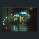 Pôster Rainy Neon Japanese Corner Store<br><div class="desc">Heavy rain pours down on a quiet nighttime street, turning the wet pavement into a mirror of glowing blue and warm neon reflections. A small Japanese convenience store stands brightly lit with turquoise fluorescent lights, red lanterns, and colorful vertical signs featuring kanji. Vending machines, a parked car with headlights on,...</div>